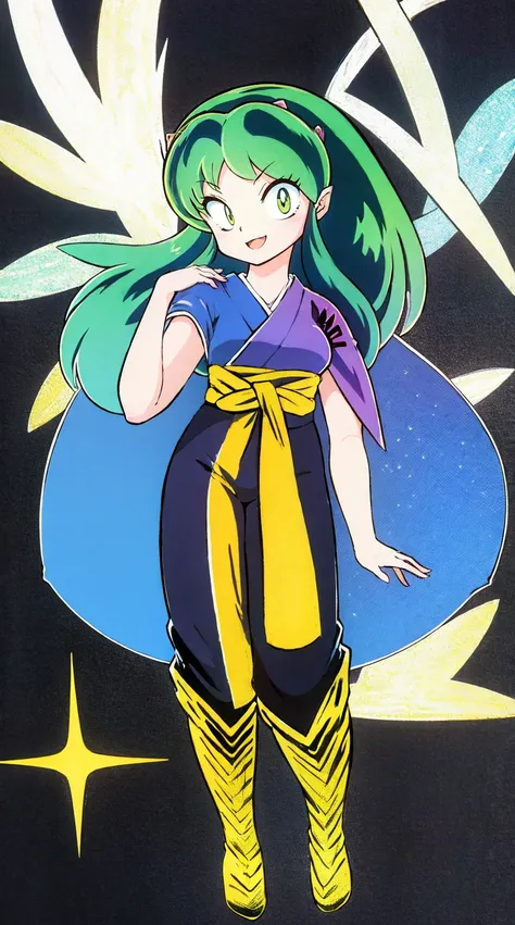 masterpiece, best quality,, corset, breastplate,lum, , urusei yatsura, cloak, pants, pullover kimono,martial pov,, pantyhose, sharpteeth, standing,smile, matial art,, full body, boots , pant, medium breast, pants, pullover,martial pov,god rays, ray tracing...