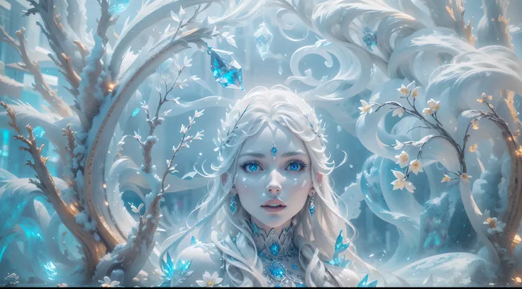 (a vibrant,cool,surreal)ice girl 3d sculpture, detailed and lifelike(the girl with long flowing silver hair and bright glowing eyes) with(details include)beautifully carved ice crystals on her gown and a (intricate)staff made of ice(carrying intricate ice ...