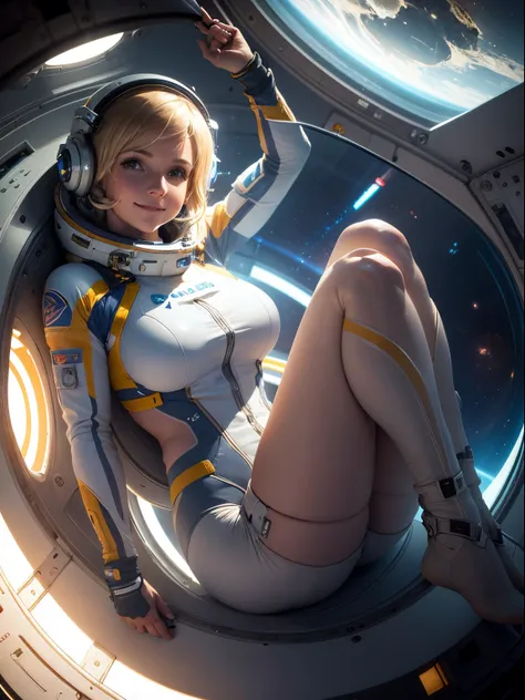 Helen Skelton, floating in zero gravity, smiling, moist skin, full figure, bulky spacesuit, realistic NASA spacesuit and helmet, blonde hair floating, tiny breasts, onboard space station, long rotating corridor, Earth outside, sunbeam shining in through ro...