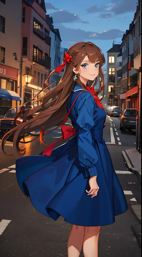 a beautiful woman in a blue dress walking on a city street to a fiery sky, 1girl, car, blue eyes, bow, jewelry, motor vehicle, ground vehicle, smile, earrings, long hair, looking at viewer, flower, long sleeves, brown hair, red bow, outdoors, hair bow, hai...