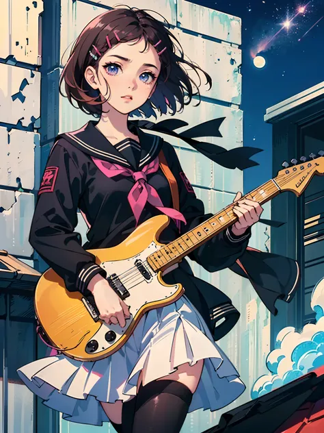 ((((Sharp focus，Vaporwave,staring,))))((electric guitar,playing guitar,))(Masterpiece illustration,Beautiful and aesthetic:1.2,aim to viewers,from below), Best quality,Top quality, Epic quality,((((rooftop,outdoor,))))(shooting stars,moonlight,moon glare, ...