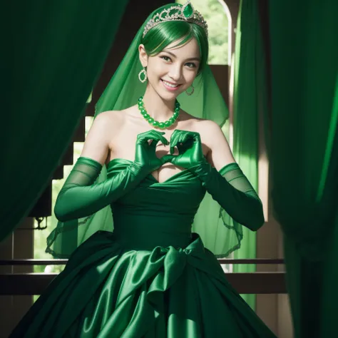 emerald tiara, Green Pearl Necklace, Boyish very short green hair, lipsticks, Japan woman smiling, very short short hair, big breasts beautiful, Green eyes, Long green gloves made of satin material, Green eyes, Emerald Earrings