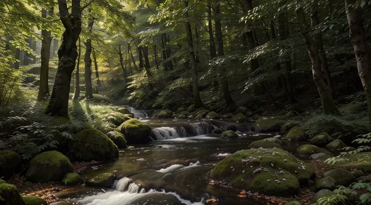 Create an image of an enchanted forest. Imagine tall, leafy trees forming a canopy overhead, with rays of sunlight filtering through the branches. The forest floor is covered in a soft carpet of moss, and theres a sense of magic and mystery in the air. Per...