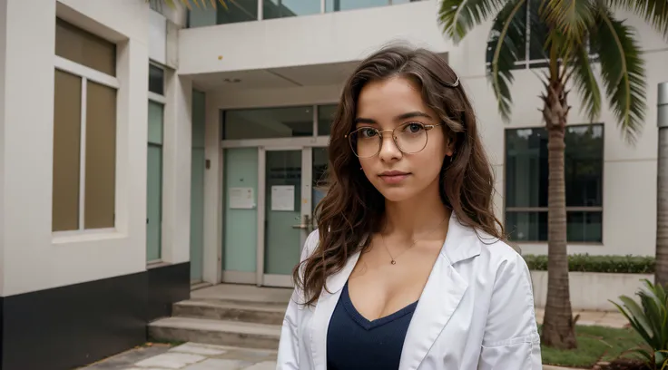 Imagine um estudante de medicina brasileiro caminhando pelo campus moderno e imaculado da faculdade de medicina da universidade. She is dressed in medical uniform and a white coat, e seu curta, vermelho, Curly hair adds a distinctive touch to the scene. Th...