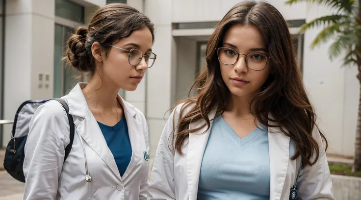 Imagine um estudante de medicina brasileiro caminhando pelo campus moderno e imaculado da faculdade de medicina da universidade. She is dressed in medical uniform and a white coat, e seu curta, vermelho, Curly hair adds a distinctive touch to the scene. Th...