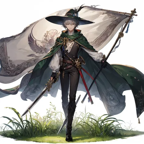 (masutepiece, Best Quality), (Perfect athlete body:1.2), (detailed hairs), Ultra-detailed, Anime style, Full body, Solo, A young man, fantasy bard with sword, Dark green wide-brimmed hat and cloak, A huge military flag embroidered with a silver moon, Wavy ...