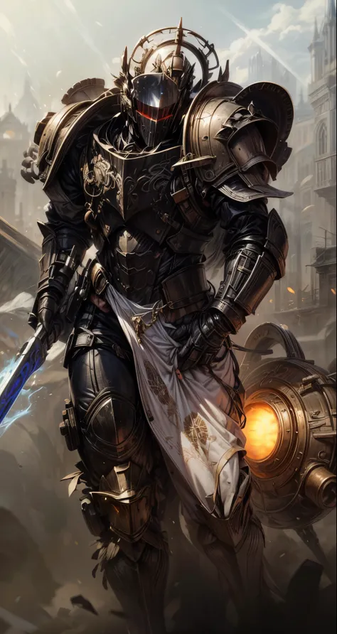 male dieselpunk angel knight in full body beautifully elegant mechanical angel armor, full head helmet with a full face white st...