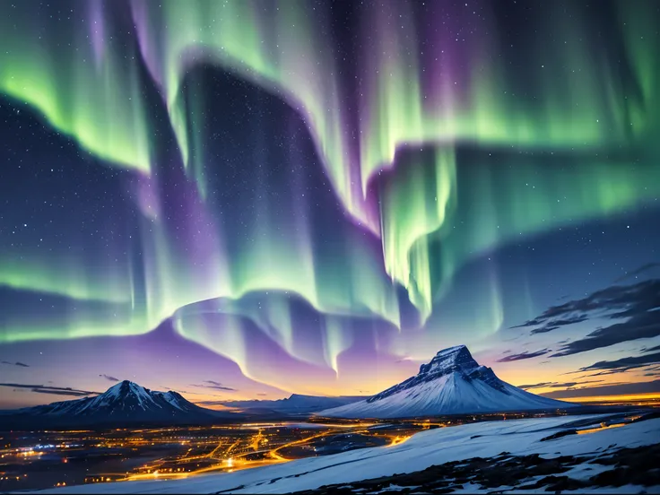 A realistic landscape shot of the Northern Lights dancing over a snowy mountain range in Iceland, with long exposure to capture the motion and vibrant colors