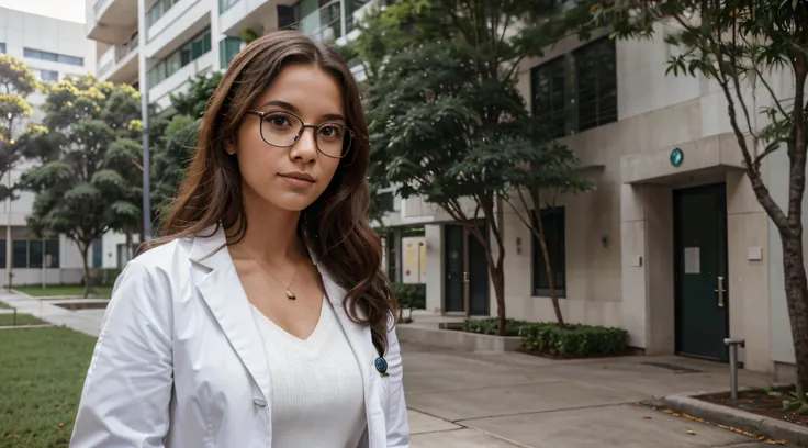 Imagine um estudante de medicina brasileiro caminhando pelo campus moderno e imaculado da faculdade de medicina da universidade. She is dressed in medical uniform and a white coat, e seu curto, vermelho, Curly hair adds a different touch to the scene. The ...