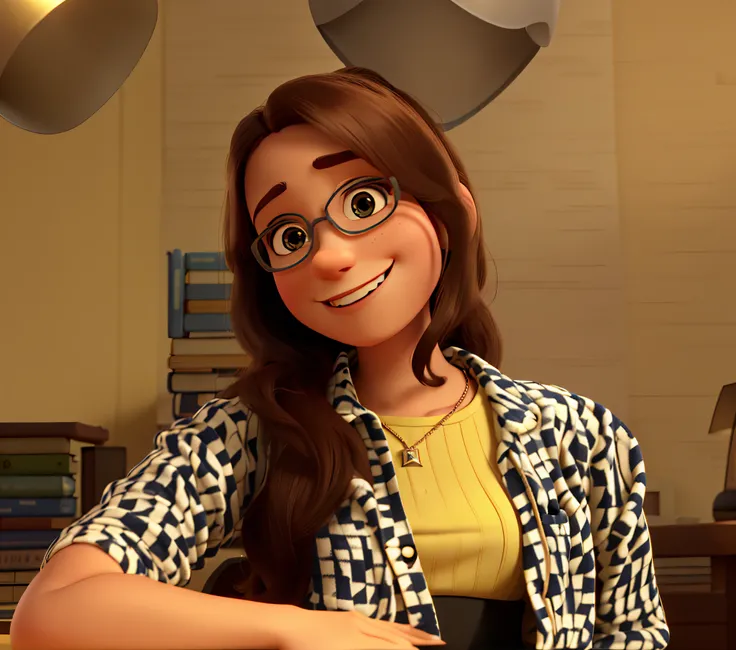 Disney/pixar 3D in 4K of a librarian in front of her macbook and next to a modern lamp and on the other a stack of books. She wears a denim jacket, has a confident and friendly expression. In the background, modern stand with books