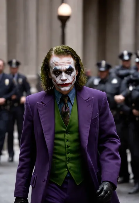 A photo of the Joker walking through the Gotham City Police Department, leaving chaos and destruction in his wake,The Dark Knight,Heath Ledger’s portrayal of the Joker in “The Dark Knight” is marked by his disheveled, greasy hair, smudged clown makeup, and...