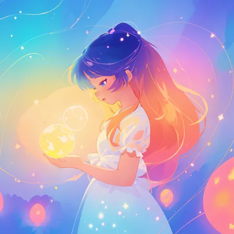 beautiful girl in sparkling white dress holding a glowing gold orb, glowing ballgown, long colorful hair, colorful fantasia background, watercolor illustration, disney art style, glowing aura around her, glowing lights, beautiful digital illustration, fant...