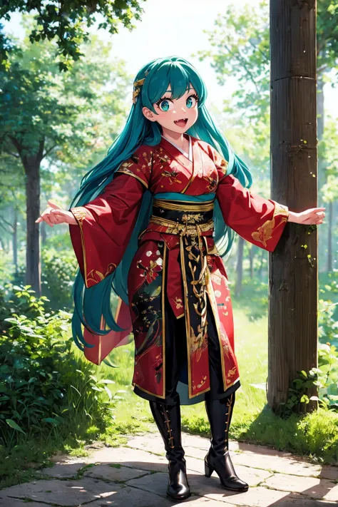 masterpiece, best quality,, corset, breastplate,lum, , urusei yatsura, cloak, pants, pullover kimono,martial pov,, pantyhose, sharpteeth, standing,smile, matial art,, full body, boots , pant, medium breast, pants, pullover,martial pov,god rays, ray tracing...