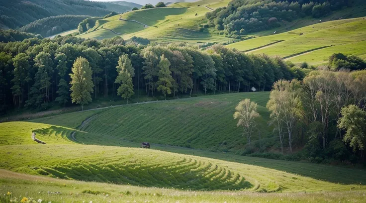 beautiful green meadows,soft rolling hills,sunshine,fluffy clouds,landscape,painting,sunlit,fertile soil,vibrant,distant mountains,farmland,nature conservation,peaceful atmosphere,sheep grazing,gentle breeze,stunning view,harmony,blissful,tranquility,seren...