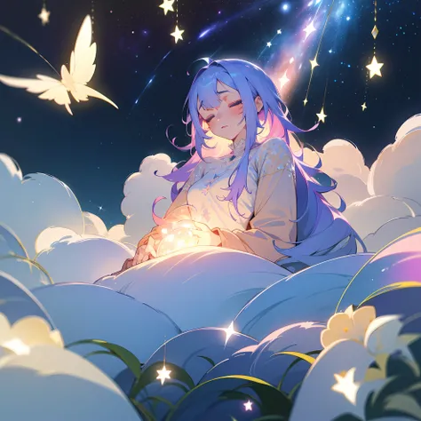 A girl dreaming while sleeping in a beautiful garden, with stars and galaxies surrounding her. (best quality, highres, ultra-detailed), dreamy atmosphere, glowing flowers, surreal colors, soft lighting, ethereal beauty, twinkling stars, mystical ambiance, ...