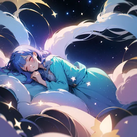 A girl dreaming while sleeping in a beautiful garden, with stars and galaxies surrounding her. (best quality, highres, ultra-detailed), dreamy atmosphere, glowing flowers, surreal colors, soft lighting, ethereal beauty, twinkling stars, mystical ambiance, ...