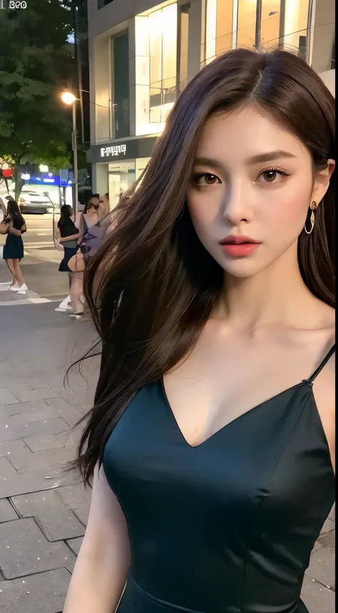 ((Realistic lighting, Best quality, 8K, Masterpiece: 1.3)), Focus: 1.2, 1girl, Perfect Body Beauty: 1.4, Slim Abs: 1.1, ((Dark Brown Hair)), (Aqua Dress: 1.4), (Outdoor, Night: 1.1), City Street, Super Fine Face, Fine Eyes, Double Eyelids,