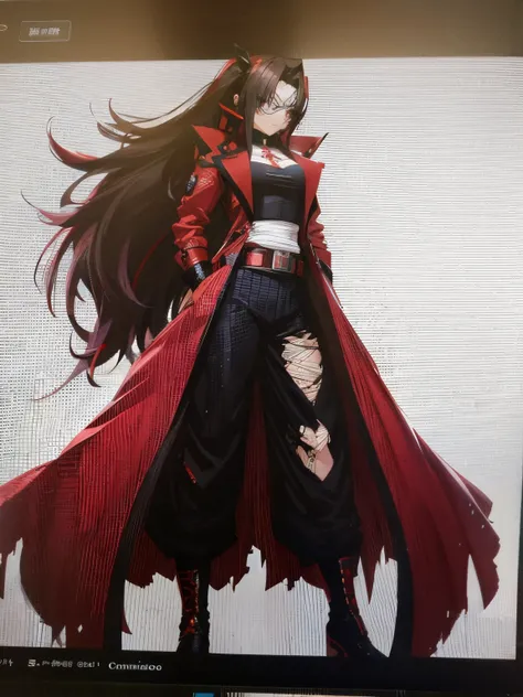 anime character on a computer screen in a red coat and black pants, Cabo vermelho rasgado longo, Epic anime style, Tohsaka also., personagem de anime; arte de corpo inteiro, estilo anime como destino/noite de estadia, estilo de arte guilty gear, Xianxia de...