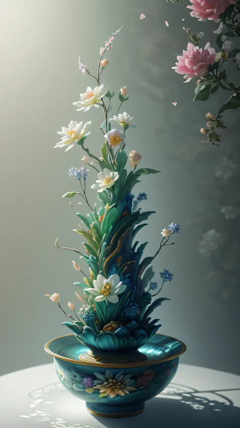 best quality, realistic, photorealistic,  ultra detailed, "Mountain of Flower and Fruit+Fairy+Chinese Architecture" highly detailed carving on "southern ice" porcelain,Ultra wide angle,Accent Lighting,Volumetric Lighting,backlighting, (detailed light),((an...