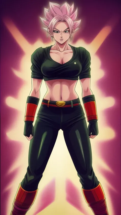 Crie um personagem feminino do universo de Dragon Ball com cabelos vermelhos escuros. Que esteja usando um casaco longo e vermelho, and is also wearing ripped black pants with black boots with red details.