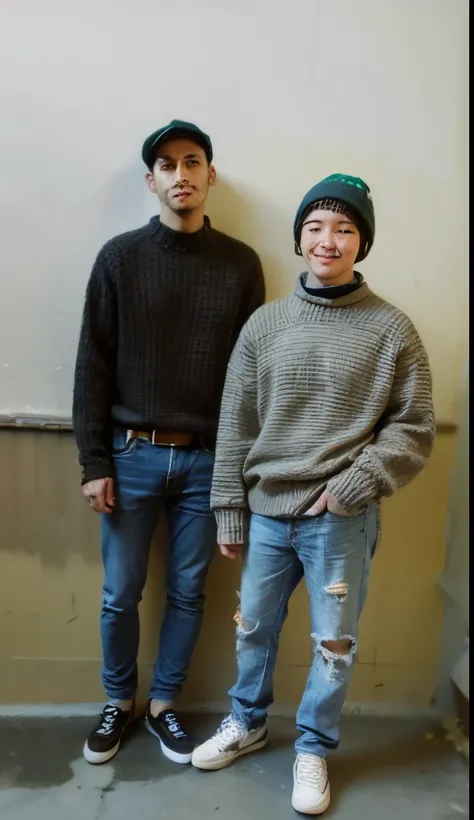 Two boys standing wearing sweater and jeans