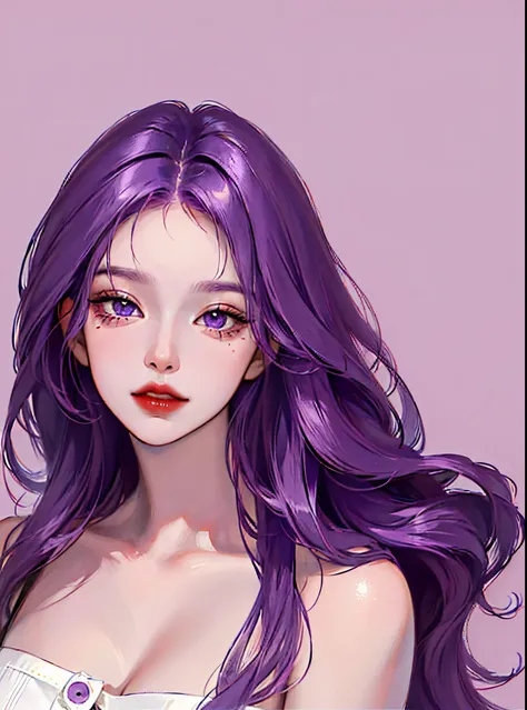 (highest resolution, distinct_image) The best quality, a woman, masterpiece, highly detailed, (semi-realistic), long purple hair, long straight hair, purple eyes, mature, mouth closed, red lips, close-up portrait, solid circle eyes, minimalistic