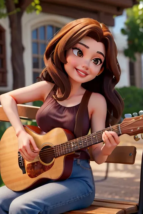 a beautiful, mature woman with shoulder-length brown hair, wavy hair, thick lips like Angelina Jolie, a stunning smile, dark brown eyes, sitting on a bench playing the guitar, in the Disney pixar style.