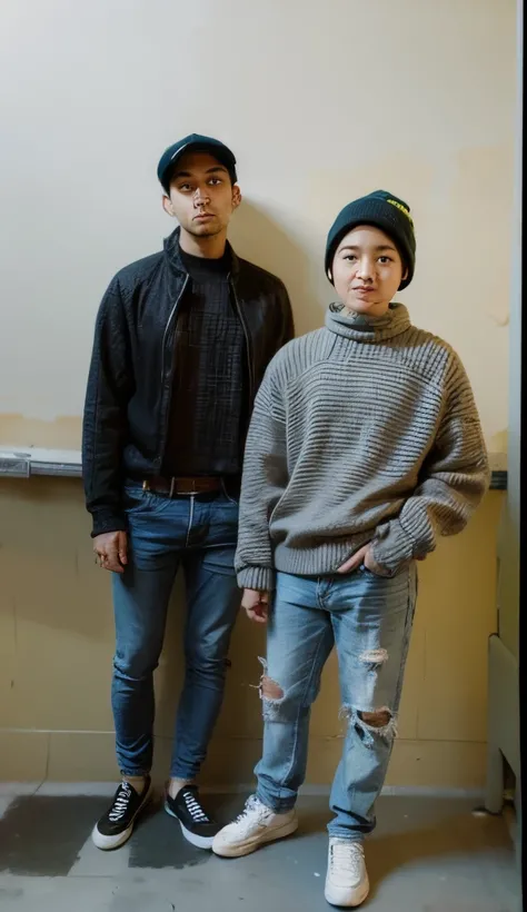 Two boys standing wearing a jacket and jeans