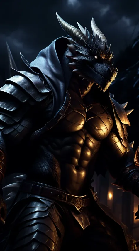 A dragon man, muscular, illustration, (best quality, 4k, highres, masterpiece:1.2), ultra-detailed, realistic, horror, sharp focus, vivid colors, nighttime lighting, rock abs, light armor, black body with scales, white eyes, in motion, hooded