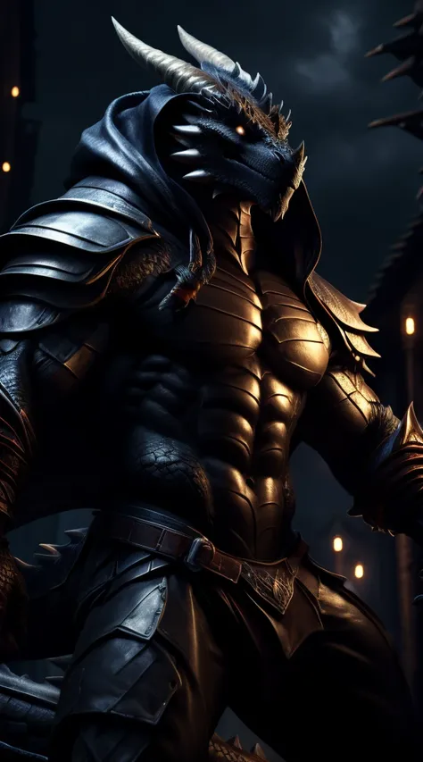 A dragon man, muscular, illustration, (best quality, 4k, highres, masterpiece:1.2), ultra-detailed, realistic, horror, sharp focus, vivid colors, nighttime lighting, rock abs, light armor, black body with scales, white eyes, in motion, hooded