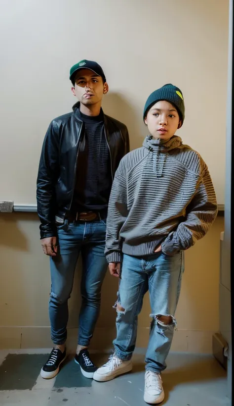 Two boys standing wearing a jacket and jeans