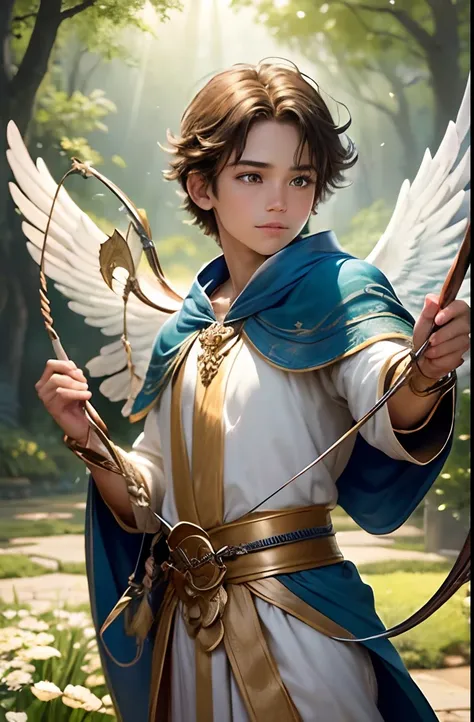 (ultra-detailed) A young boy with intricate features, holding a bow and arrow, in the presence of an archer and an angel. (vibrant colors,photorealistic) The boy has vivid, expressive eyes and a mischievous smile. He is dressed in a flowing, celestial blue...