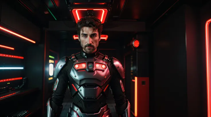 Cinematic Ultra Realistic 8k Centered, homem [Adrien Brodyr] com barba, cabelo samurai, In a shiny black mechanical android suit with red accents and lights with intricate cybernetic implants, indoor scenery with red neon lights, bem iluminado, Cyberpunk, ...