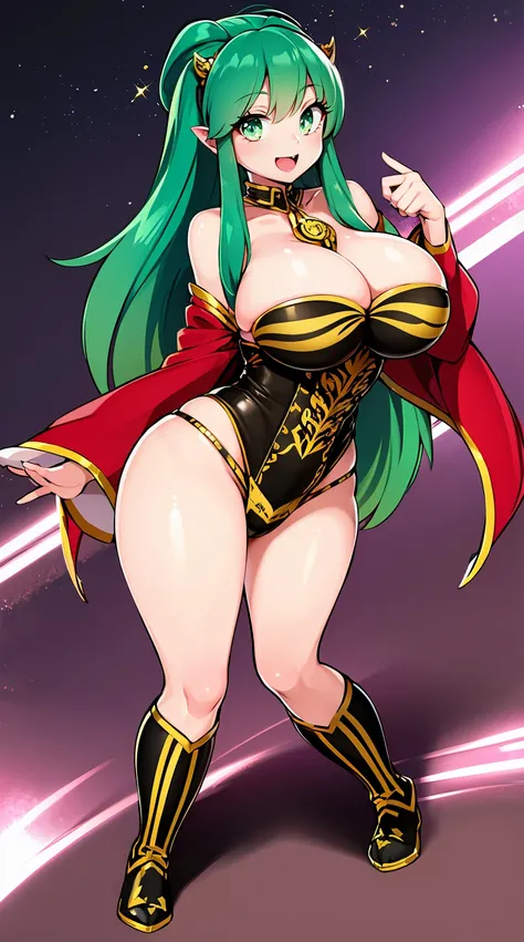 lum. bikini, curvy, huge breast, bimbo,masterpiece, best quality,, corset, breastplate,lum, , urusei yatsura, cloak, pants, pullover kimono,martial pov,, pantyhose, sharpteeth, standing,smile, matial art,, full body, boots , , pullover,martial pov,god rays...