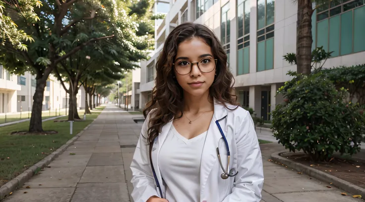 Imagine um estudante de medicina brasileiro caminhando pelo campus moderno e imaculado da faculdade de medicina da universidade. She is dressed in medical uniform and a white coat, e seu curto, vermelho, Curly hair adds a different touch to the scene. The ...