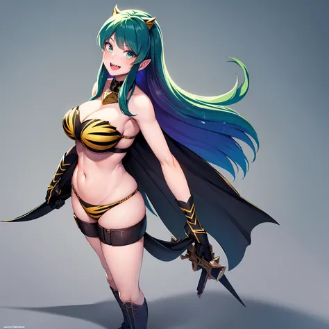 lum. bikini, curvy, huge breast, bimbo,masterpiece, best quality,, corset, breastplate,lum, , urusei yatsura, cloak, pants, pullover kimono,martial pov,, pantyhose, sharpteeth, standing,smile, matial art,, full body, boots , , pullover,martial pov,god rays...