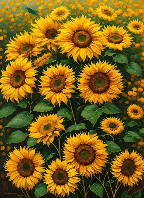 there is a painting of sunflowers with silver leaves, golden sunflowers, hydrangeas and morning glory, sunflowers and gold, rele...