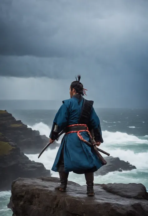 Samurai at the Edge of a Cliff during a Thunderstorm: On a cliff edge, with a dramatic thunderstorm raging in the background, stands a samurai warrior. His armor is a dark, stormy blue with electric blue accents, mirroring the storms fury. The warriors hel...