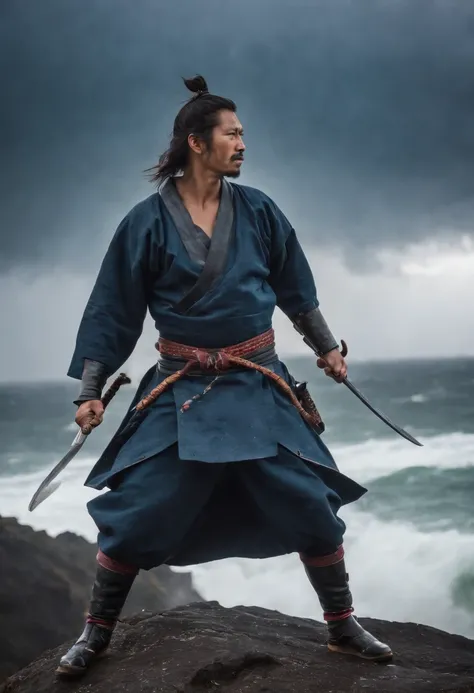 Samurai at the Edge of a Cliff during a Thunderstorm: On a cliff edge, with a dramatic thunderstorm raging in the background, stands a samurai warrior. His armor is a dark, stormy blue with electric blue accents, mirroring the storms fury. The warriors hel...