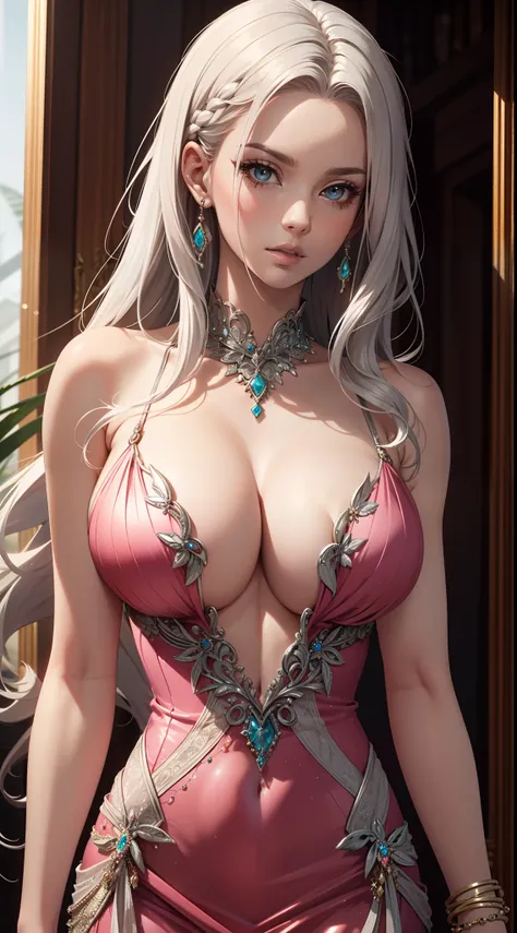 Best quality, masterpiece, realistic, Beautiful sexy cool tall, slim, fit woman, wearing fancy silver-pink sequin party dress, intricate and highly detailed, cleavage, long silver hair, body chain, jewelry.