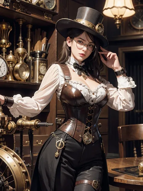 (Victorian steampunk theme,Victorian steampunk style),Extremely detailed, Best Quality, ultra-realistic,hight resolution, Dynamic Angle, dynamicpose, (1girl), Glass Glasses, leather gloves, Brass buttons, waistcoat, corset, top hat, mechanical arm, Brass W...