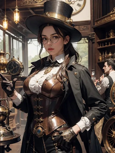 (Victorian steampunk theme,Victorian steampunk style),Extremely detailed, Best Quality, ultra-realistic,hight resolution, Dynamic Angle, dynamicpose, (1girl), Glass Glasses, leather gloves, Brass buttons, waistcoat, corset, top hat, mechanical arm, Brass W...