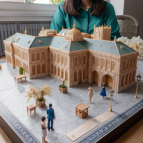 there is a model of a building with people around it, modelo em miniatura, 3D printed building, architectural model, modelo em miniatura, modelo detalhado, moderadamente detalhado, Modelo de tabela, sentado em uma cidade em miniatura, Arte 3D altamente det...