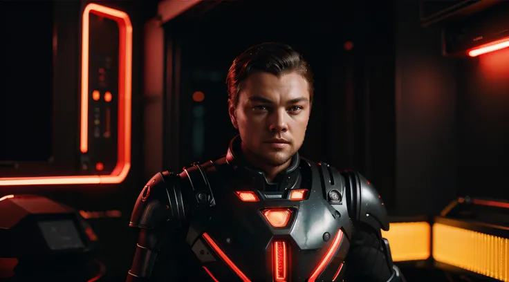 Cinematic Ultra Realistic 8k Centered, homem [Leonardo DiCaprio] com barba, In a shiny black mechanical android suit with red accents and lights with intricate cybernetic implants, indoor scenery with red neon lights, bem iluminado, Cyberpunk, Foto premiad...