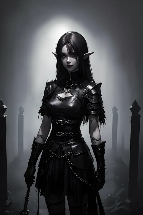 (dark fantasy:1.3), (black and purple theme:1.3), (dark theme:1.3), (in the dark:1.3), (1dark elf:1.3), solo, portrait of extrem...