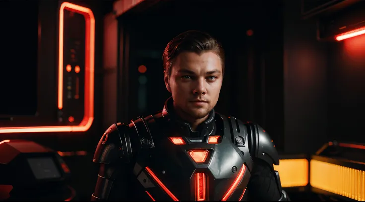 Cinematic Ultra Realistic 8k Centered, homem [Leonardo DiCaprio] com barba, In a shiny black mechanical android suit with red accents and lights with intricate cybernetic implants, indoor scenery with red neon lights, bem iluminado, Cyberpunk, Foto premiad...