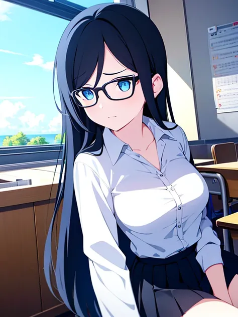 masterpiece, high quality, 1girl, blue eyes, medium breasts, black hair, long hair, black rimmed glasses, best quality, classroom, shirt, skirt, sitting, from front,