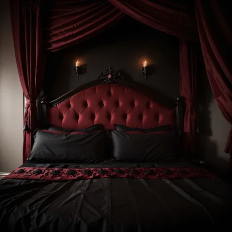 Princess bedroom in royal house, black and red gothic style, skulls, fhd, photorealistic, beauty