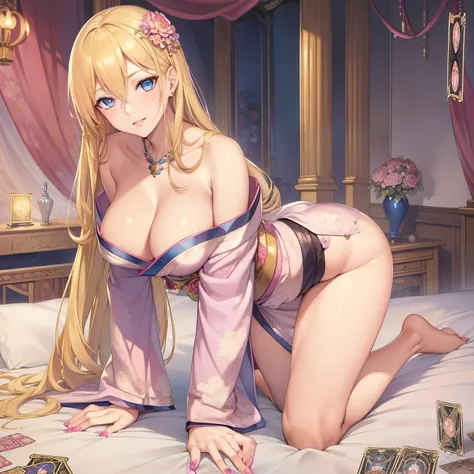 Masterpiece, Best Quality, (((Solo mature woman))), (((blonde hair))), extra long hair, Large chest, (((wide hips))), (((blue eyes))), full lips, seductive smile, cleavage, (kneeling on bed), (((tarot cards on bed))), (knife) blushing, (((wearing shiny pin...