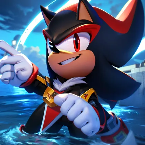 Shadow the hedgehog in black shorts with a red stripe in the shape of thunder in the river smiling 4k image